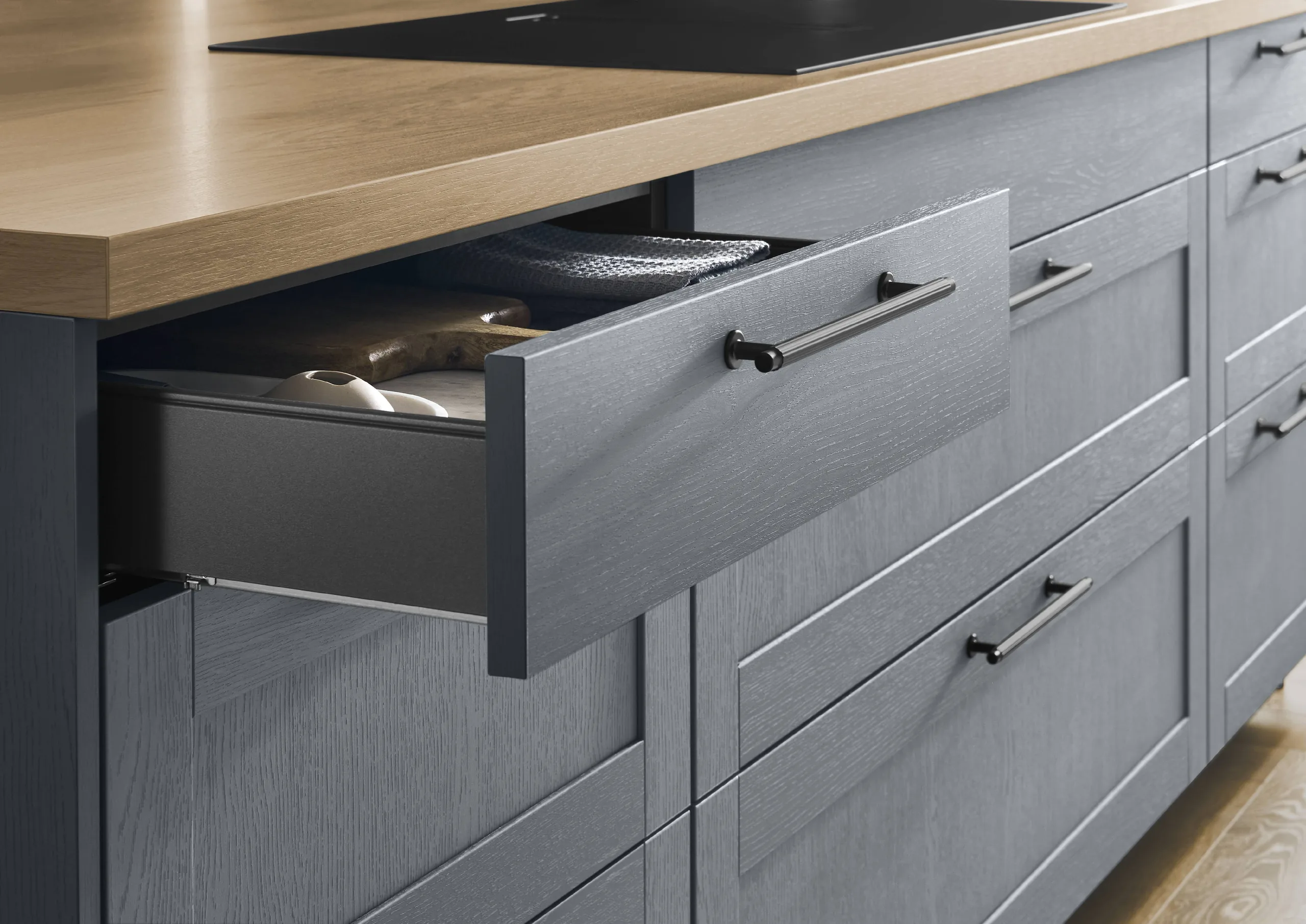 nobilia Küche Frame Holzstruktur Steinblau bei SORI Studios